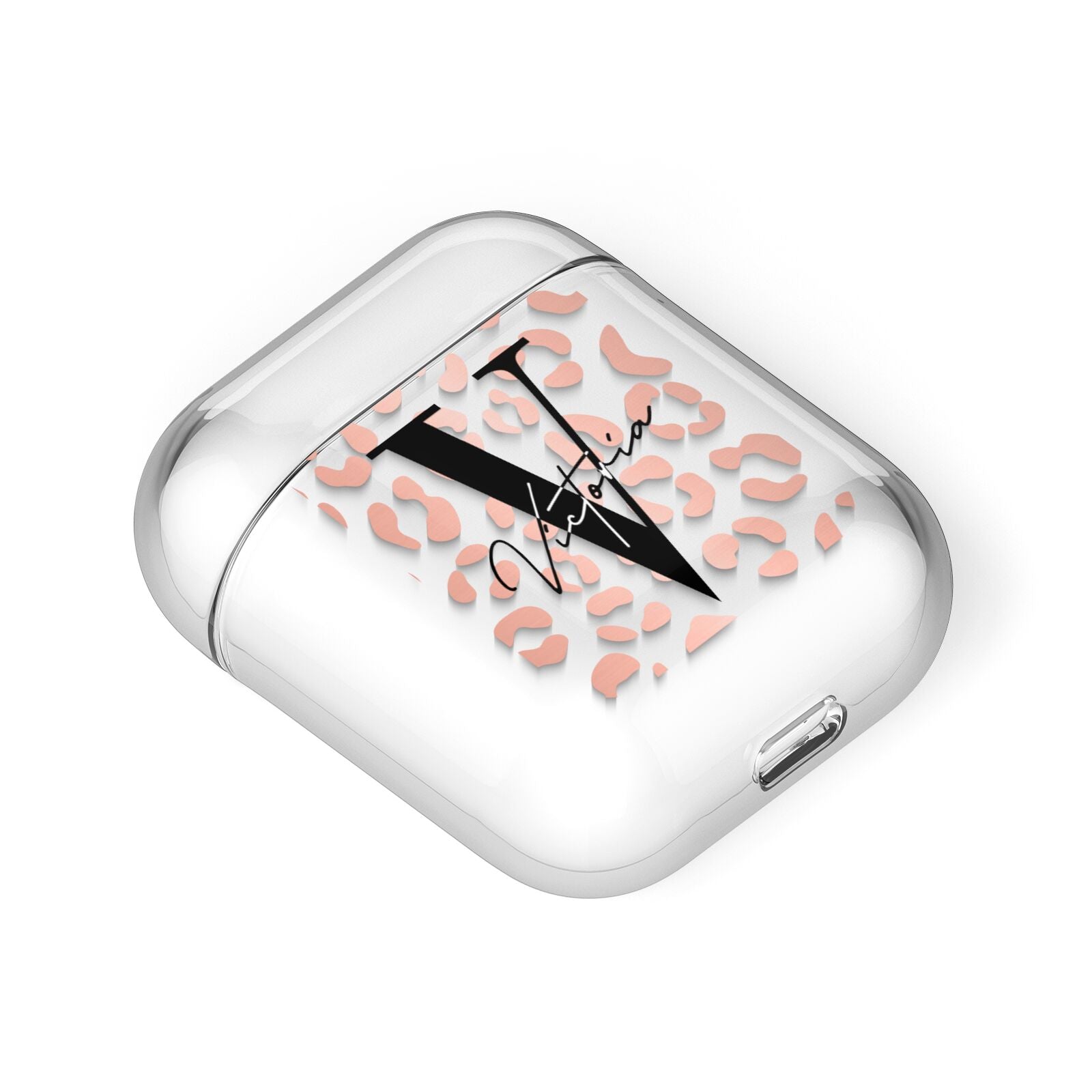 Personalised Leopard Print Clear Copper AirPods Case Laid Flat