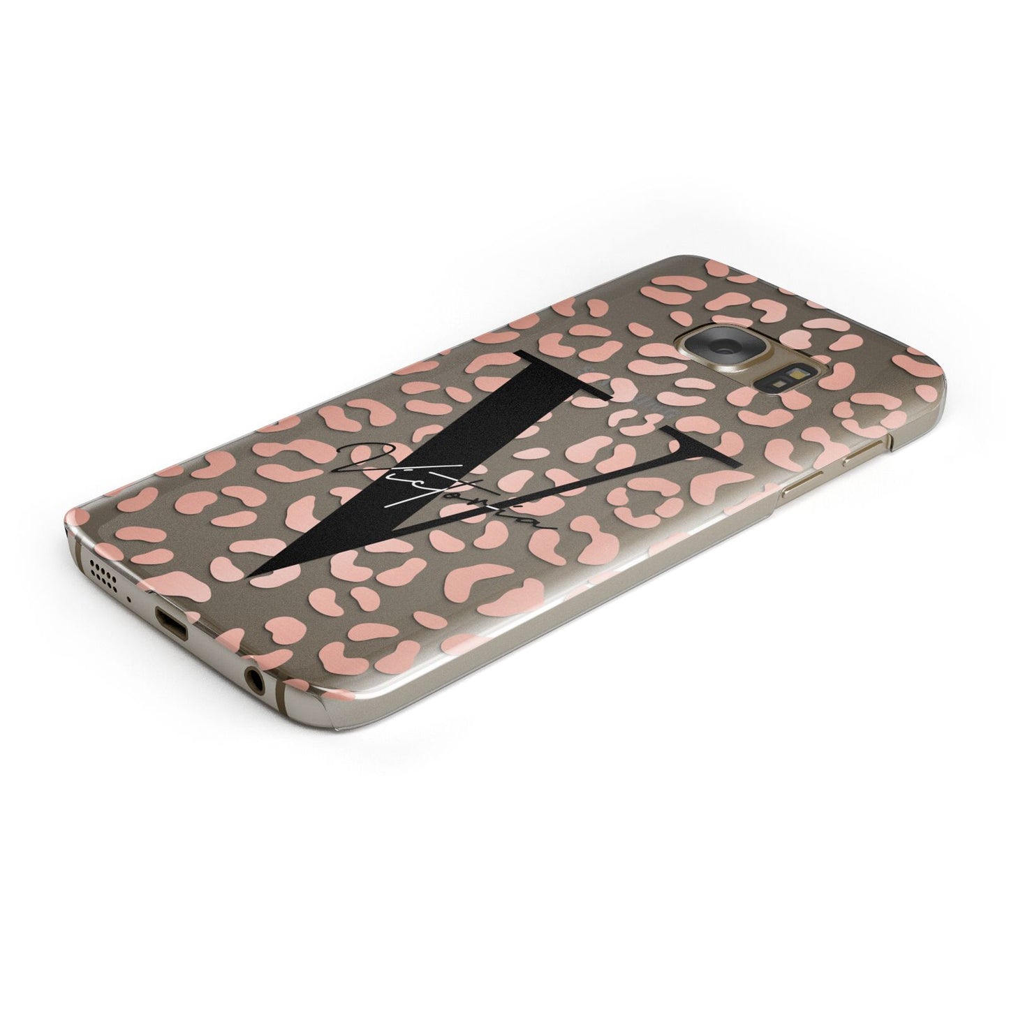 Personalised Leopard Print Clear Copper Protective Samsung Galaxy Case Angled Image