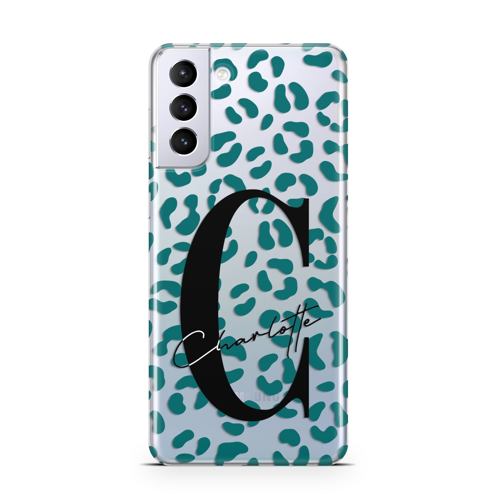 Personalised Leopard Print Clear Green Samsung S21 Plus Case