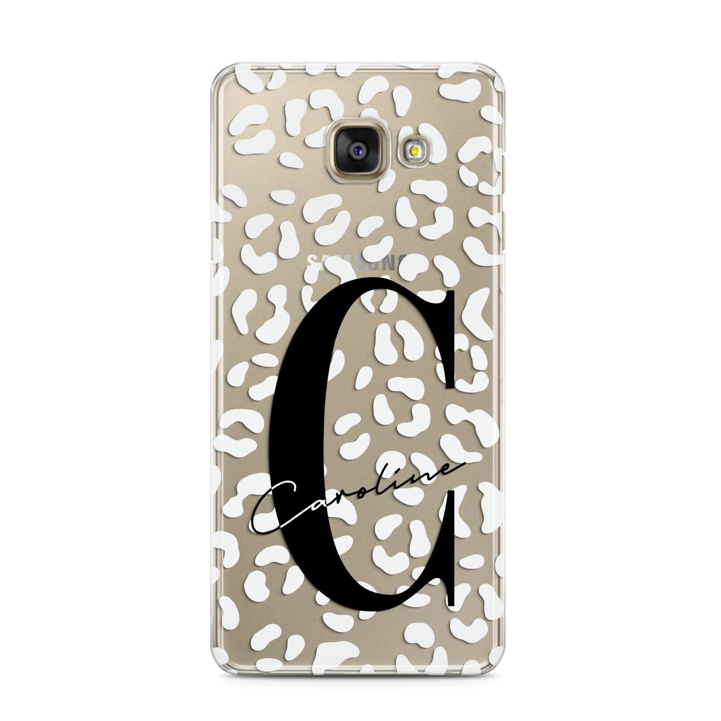 Personalised Leopard Print Clear Samsung Galaxy A3 2016 Case on gold phone