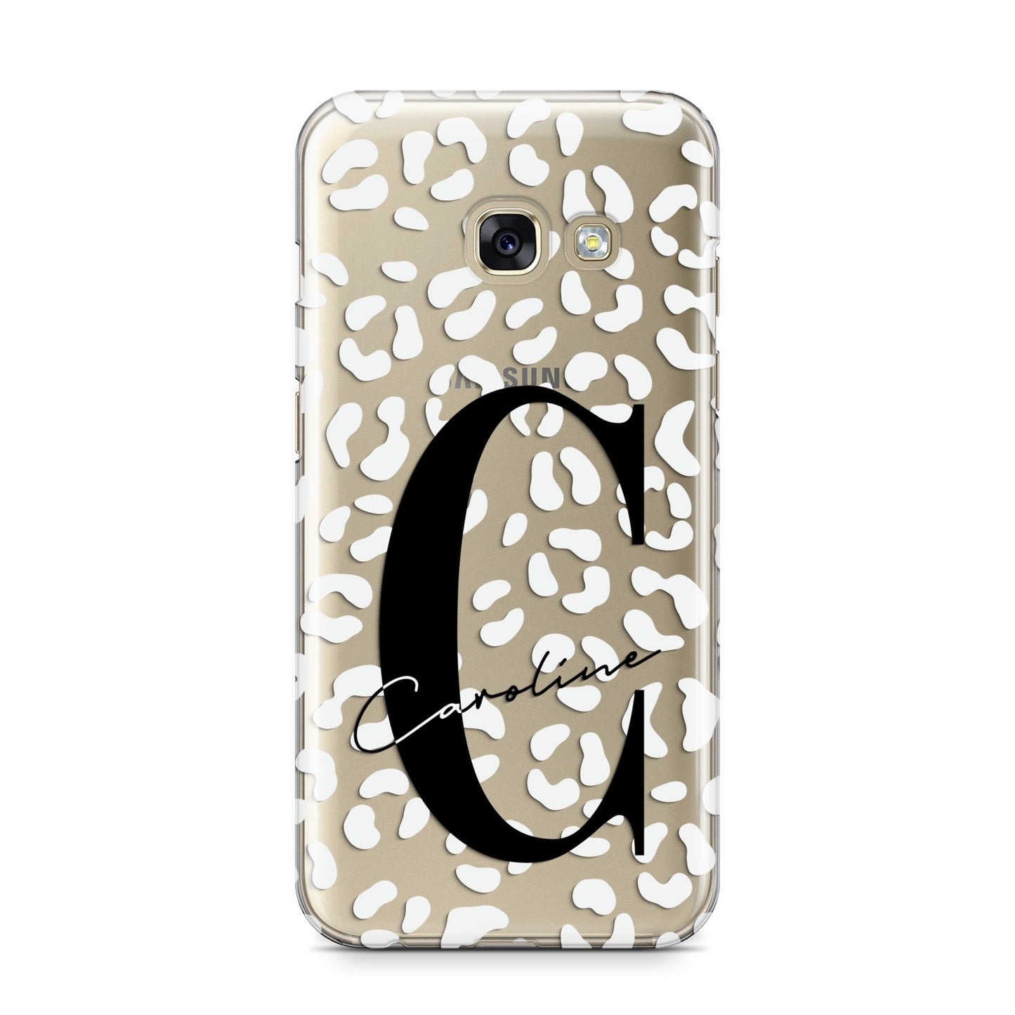 Personalised Leopard Print Clear Samsung Galaxy A3 2017 Case on gold phone