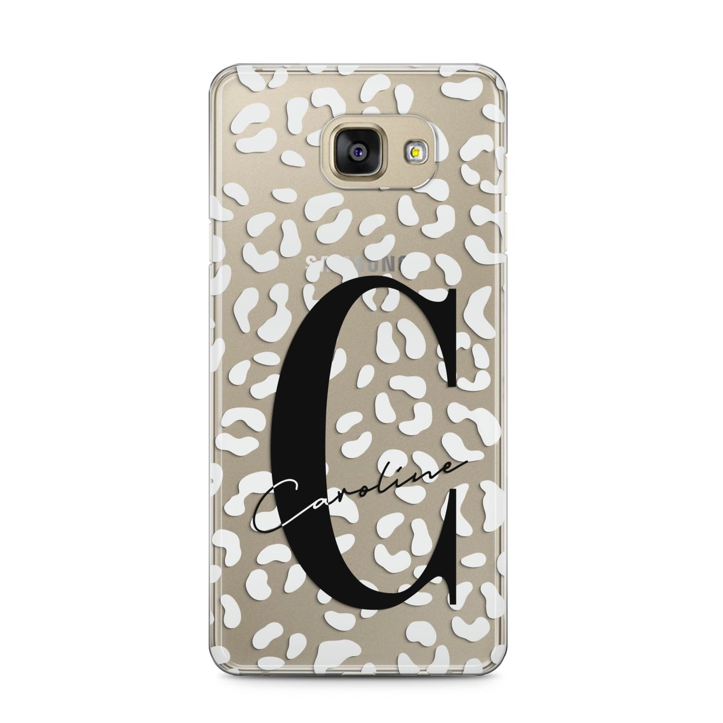 Personalised Leopard Print Clear Samsung Galaxy A5 2016 Case on gold phone