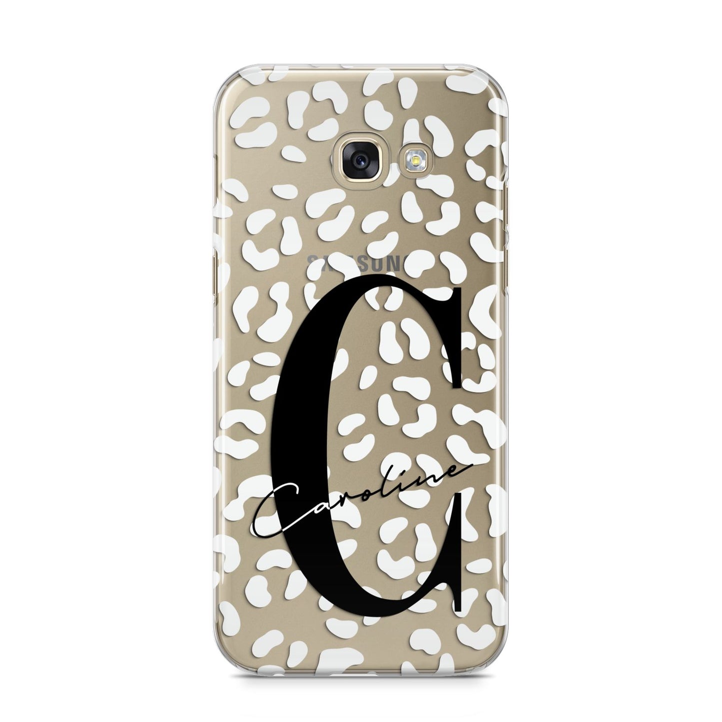 Personalised Leopard Print Clear Samsung Galaxy A5 2017 Case on gold phone