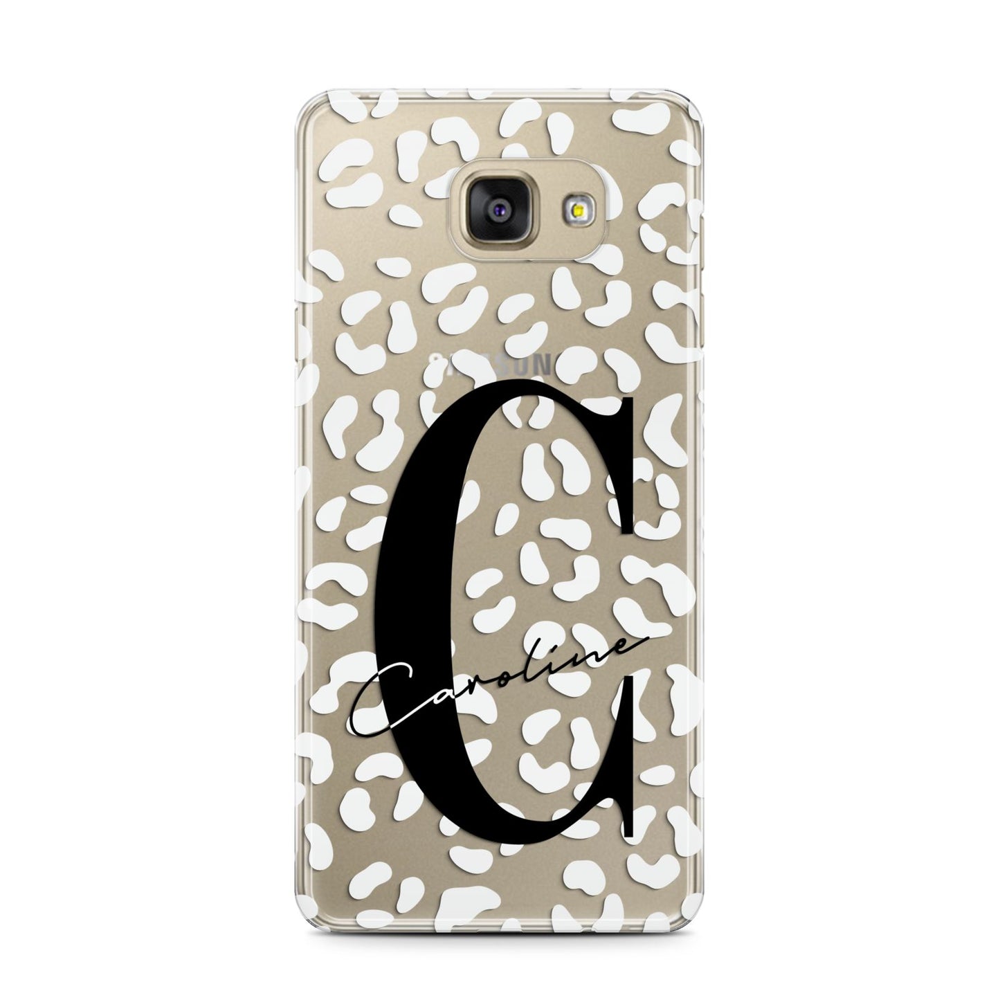 Personalised Leopard Print Clear Samsung Galaxy A7 2016 Case on gold phone