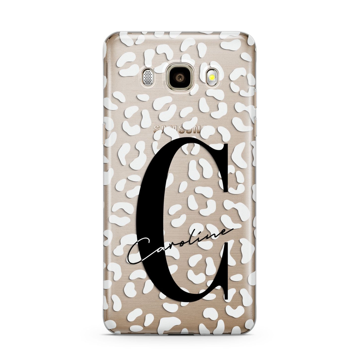 Personalised Leopard Print Clear Samsung Galaxy J7 2016 Case on gold phone