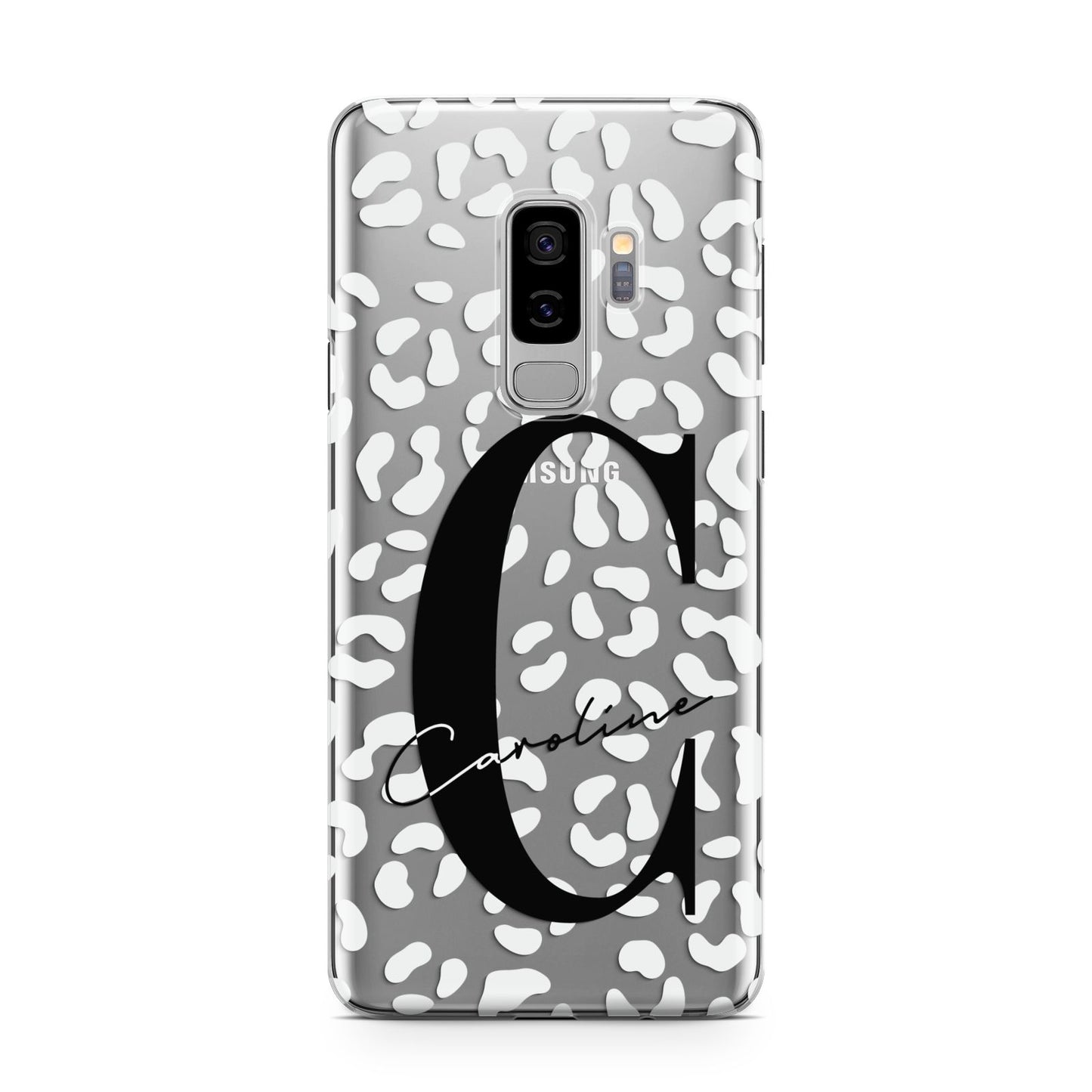 Personalised Leopard Print Clear Samsung Galaxy S9 Plus Case on Silver phone