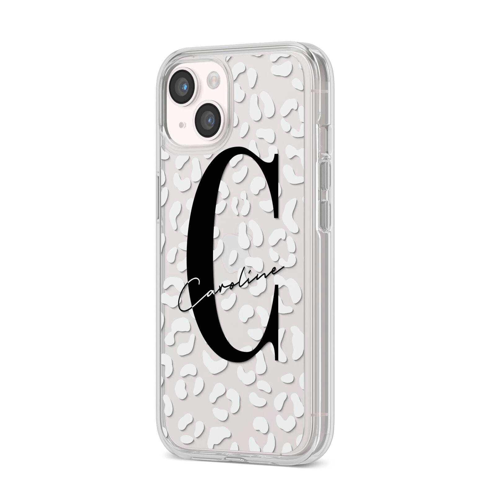 Personalised Leopard Print Clear iPhone 14 Clear Tough Case Starlight Angled Image