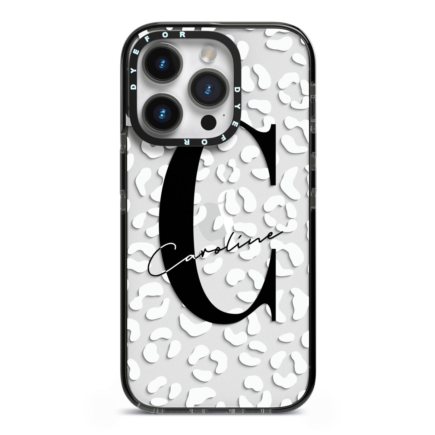 Personalised Leopard Print Clear iPhone 14 Pro Black Impact Case on Silver phone