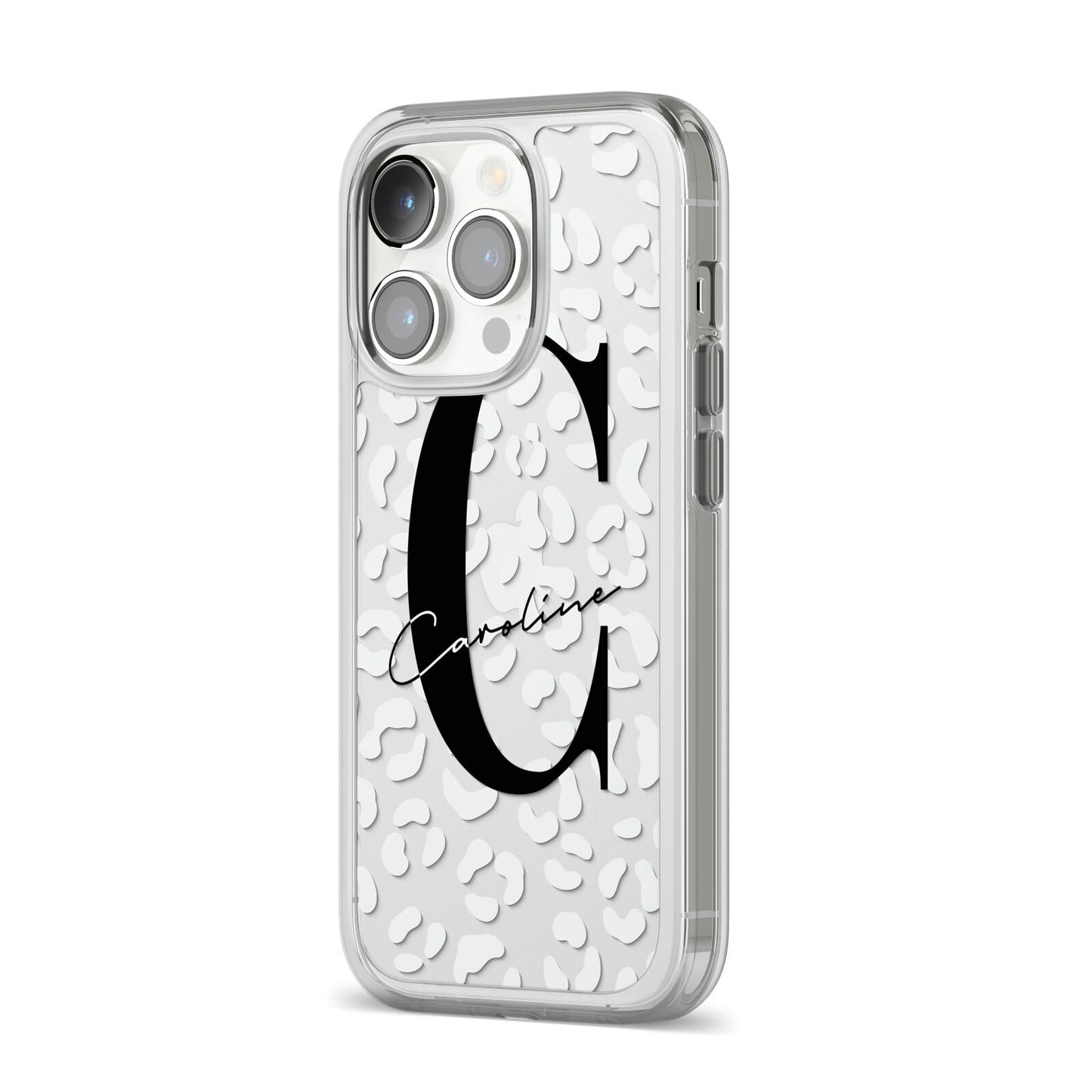 Personalised Leopard Print Clear iPhone 14 Pro Clear Tough Case Silver Angled Image