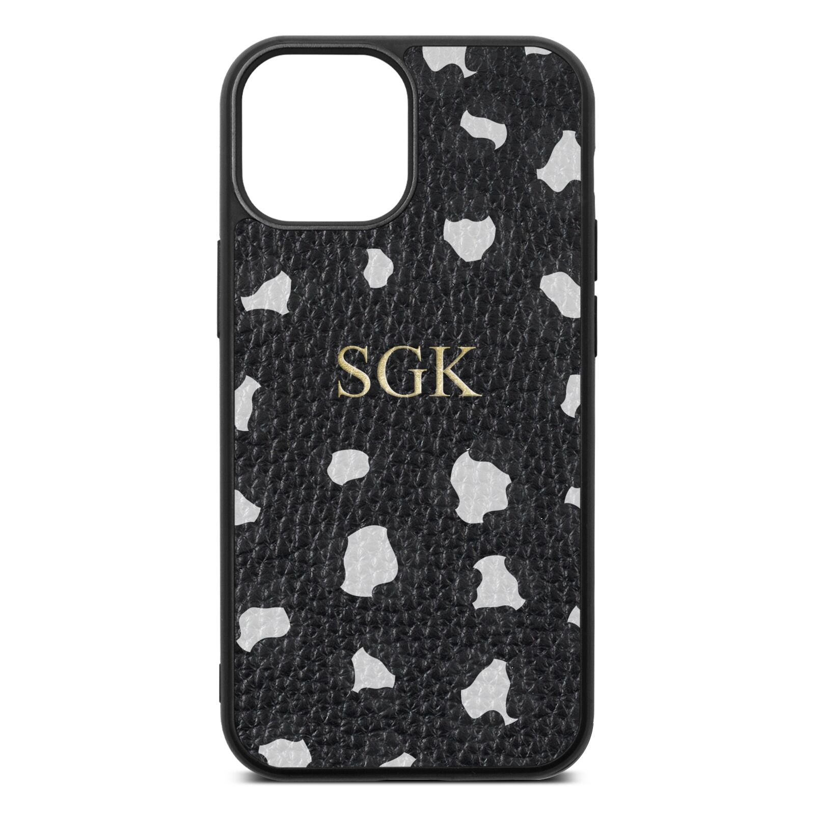 Personalised Leopard Print Embossed Black Pebble Leather iPhone 13 Mini Case