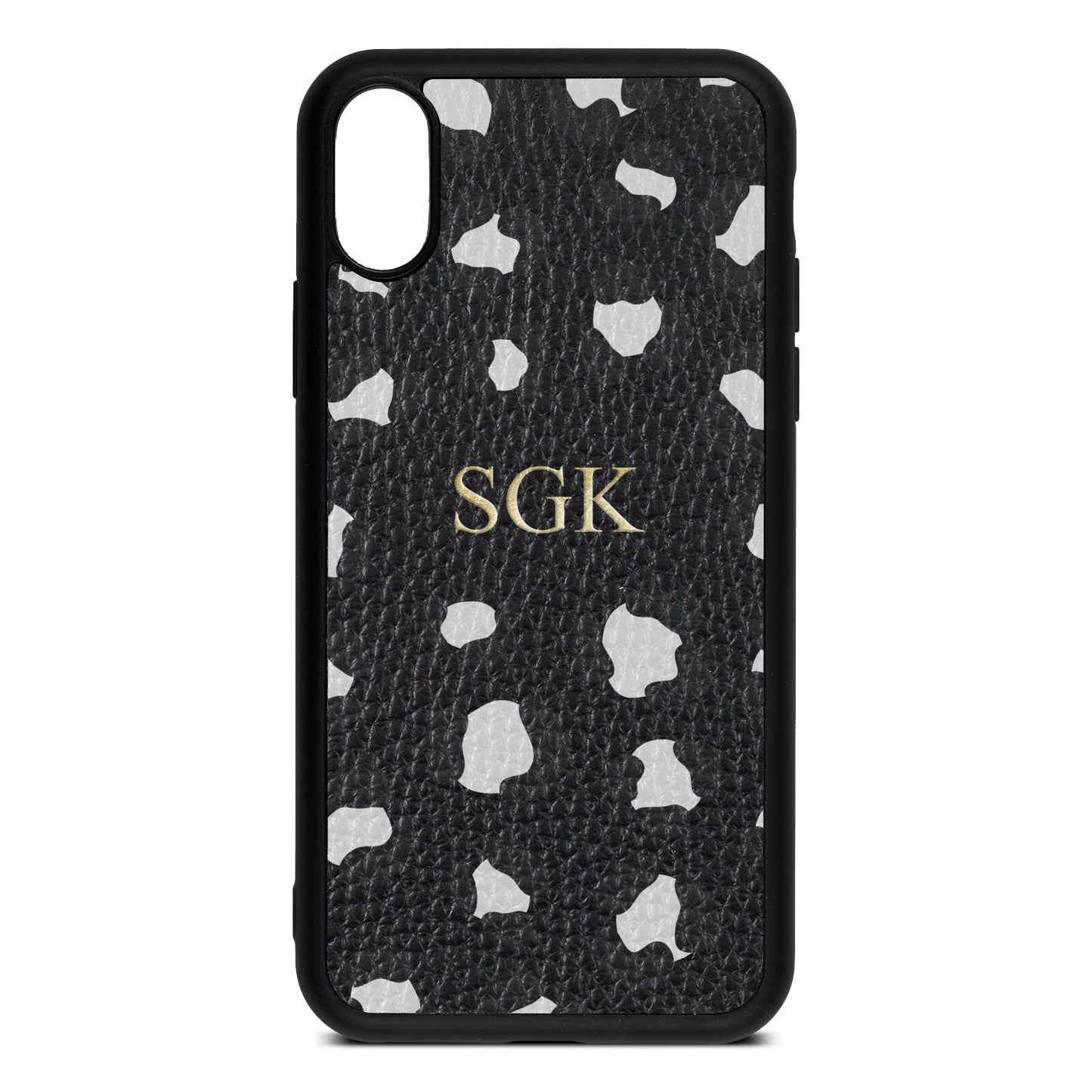 Personalised Leopard Print Embossed Black Pebble Leather iPhone Xs Case