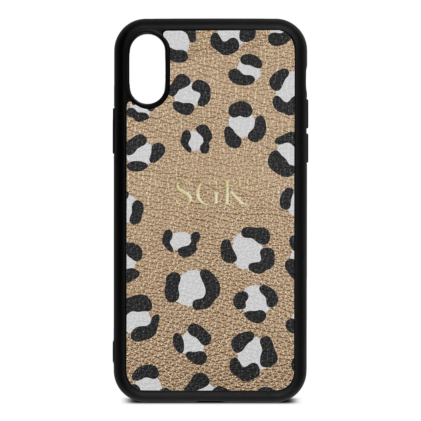 Personalised Leopard Print Embossed Gold Pebble Leather iPhone Xs Case