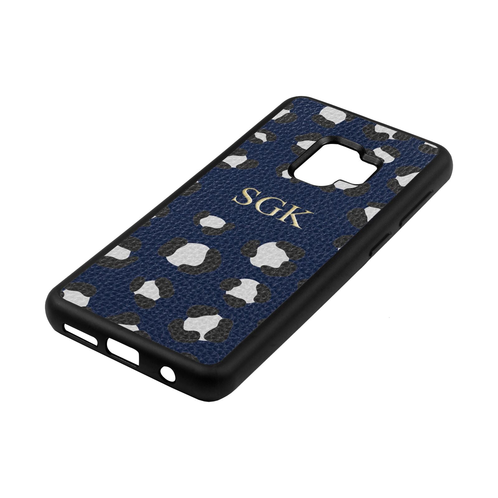 Personalised Leopard Print Embossed Navy Blue Pebble Leather Samsung S9 Case Side Angle