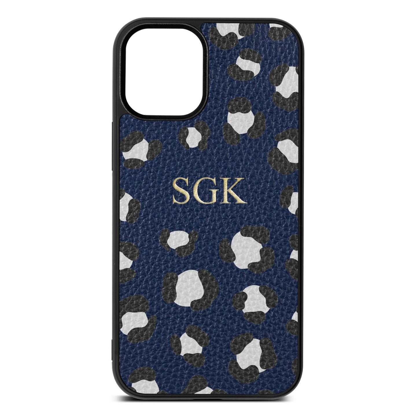 Personalised Leopard Print Embossed Navy Blue Pebble Leather iPhone 12 Mini Case