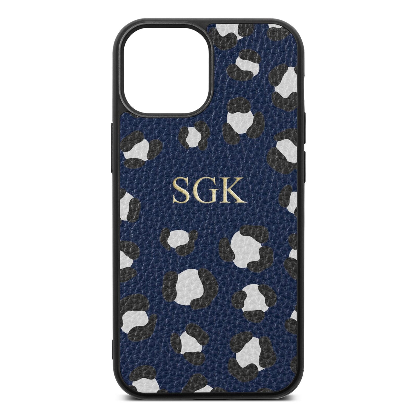 Personalised Leopard Print Embossed Navy Blue Pebble Leather iPhone 13 Mini Case