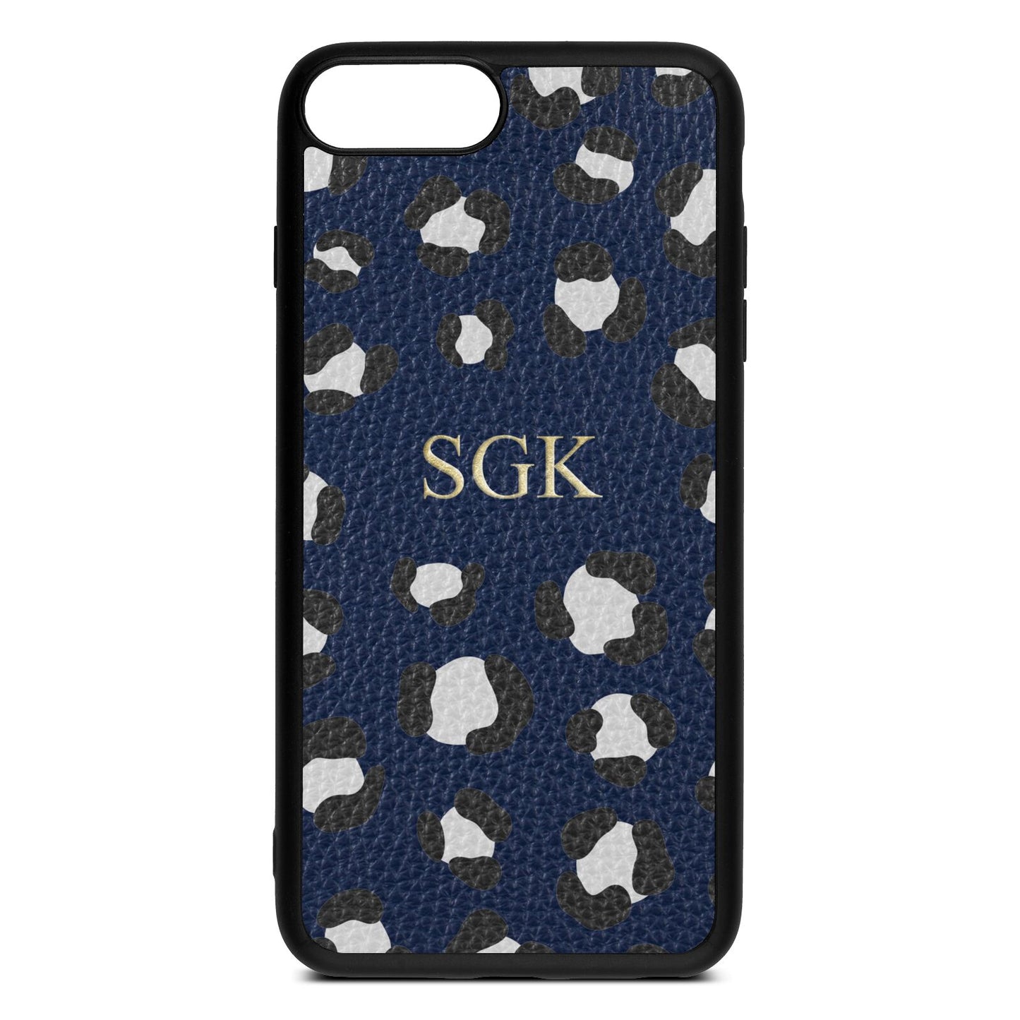 Personalised Leopard Print Embossed Navy Blue Pebble Leather iPhone 8 Plus Case