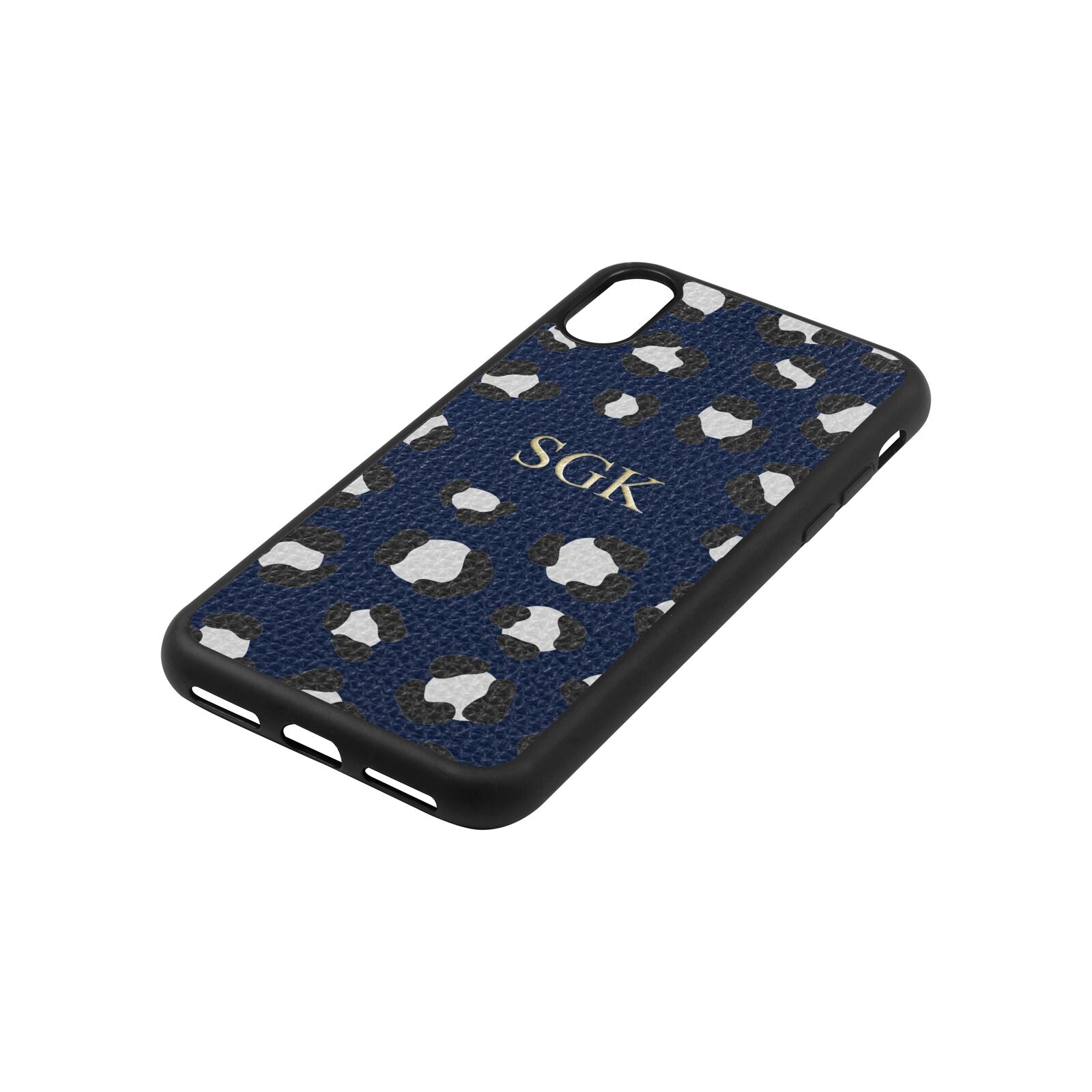 Personalised Leopard Print Embossed Navy Blue Pebble Leather iPhone Xs Case Side Image