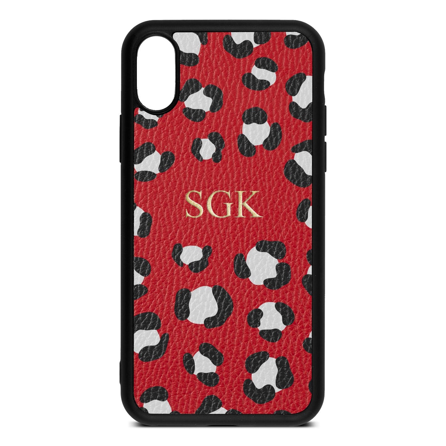 Personalised Leopard Print Embossed Red Pebble Leather iPhone Xs Case