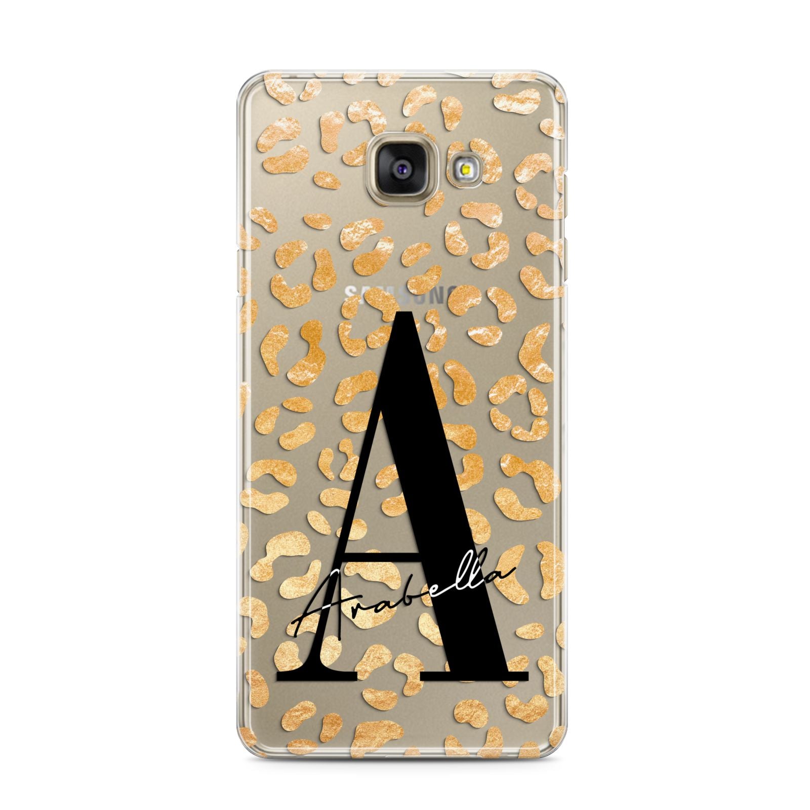 Personalised Leopard Print Gold Samsung Galaxy A3 2016 Case on gold phone