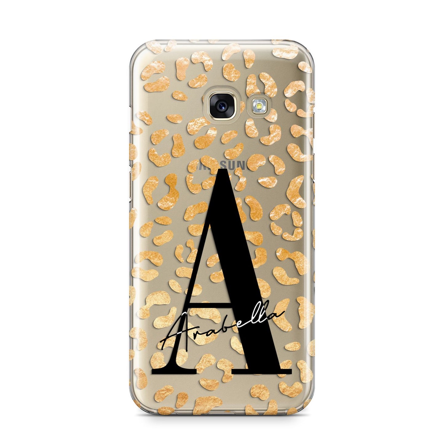 Personalised Leopard Print Gold Samsung Galaxy A3 2017 Case on gold phone