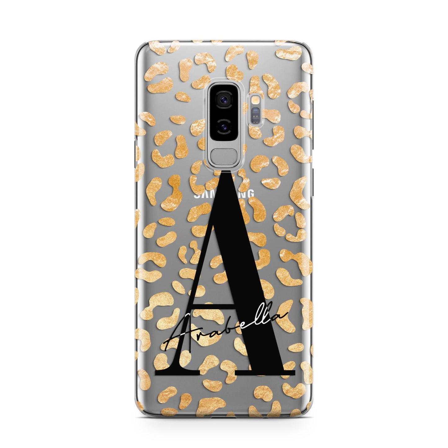 Personalised Leopard Print Gold Samsung Galaxy S9 Plus Case on Silver phone