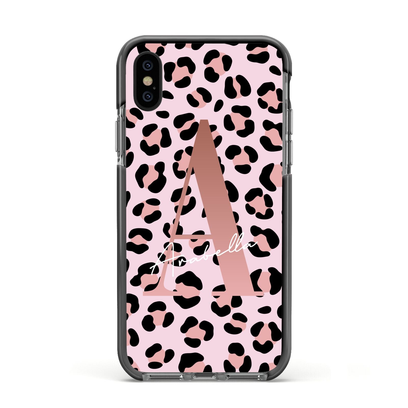 Personalised Leopard Print Initial Apple iPhone Xs Impact Case Black Edge on Black Phone