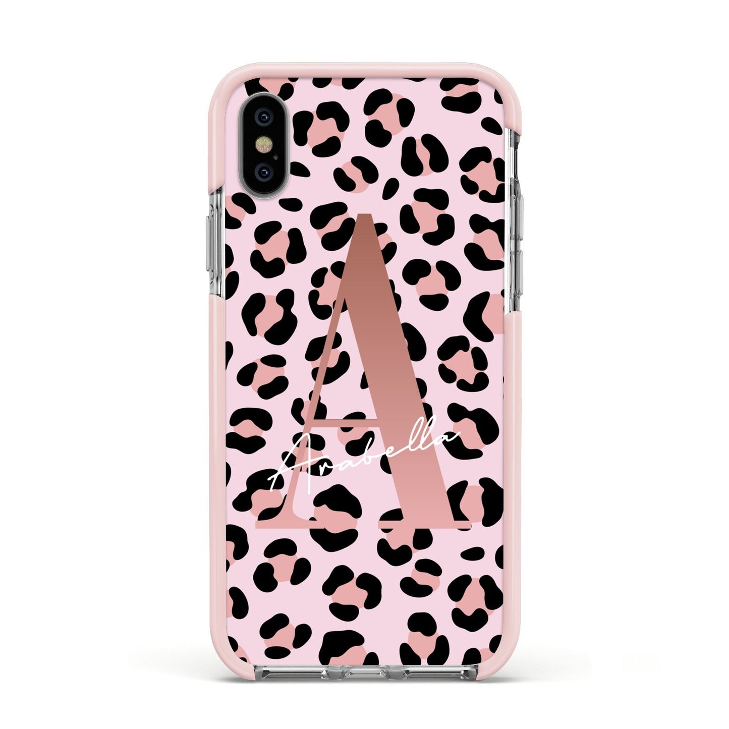 Personalised Leopard Print Initial Apple iPhone Xs Impact Case Pink Edge on Silver Phone