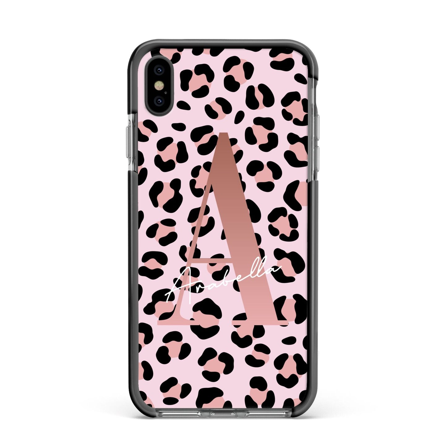 Personalised Leopard Print Initial Apple iPhone Xs Max Impact Case Black Edge on Black Phone