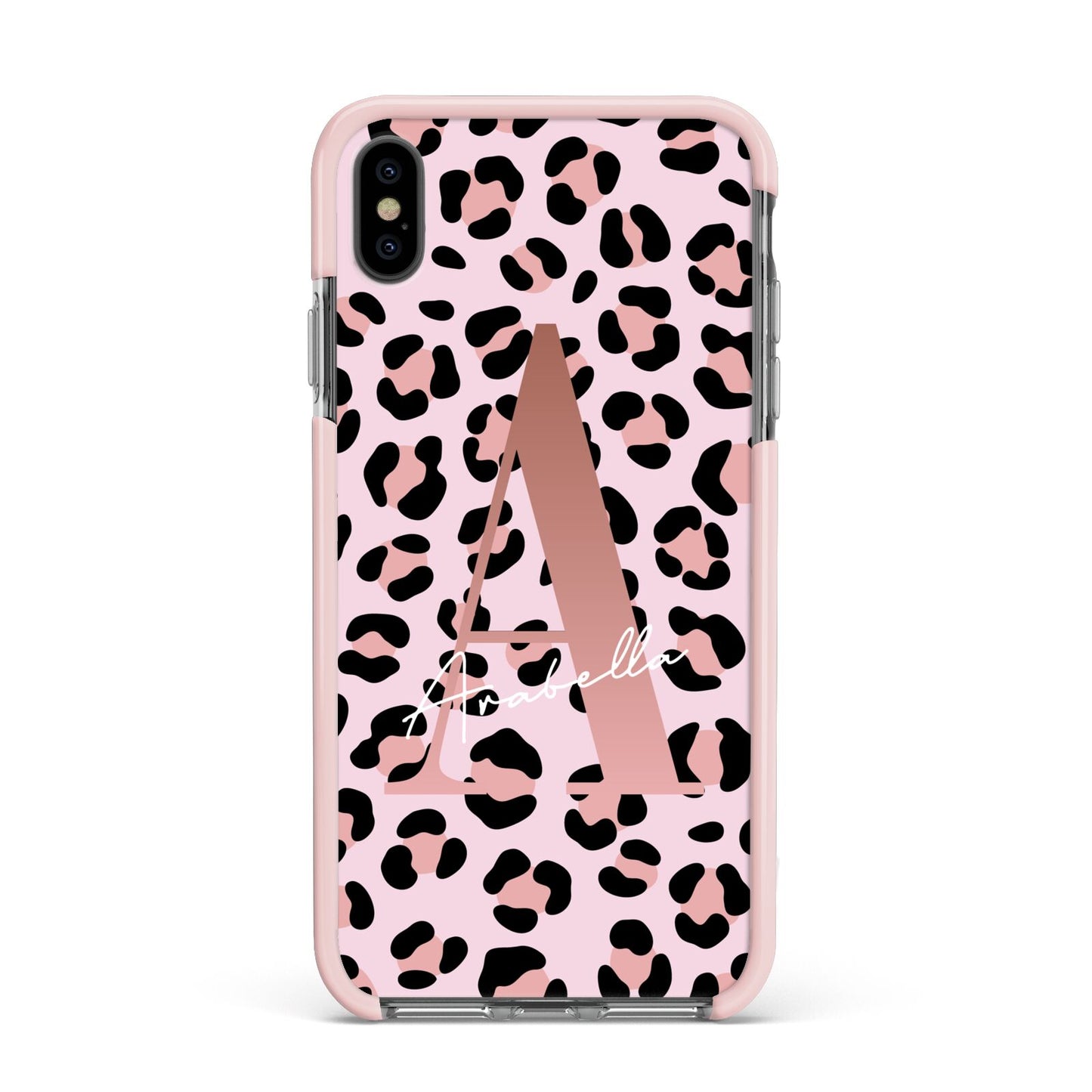 Personalised Leopard Print Initial Apple iPhone Xs Max Impact Case Pink Edge on Black Phone