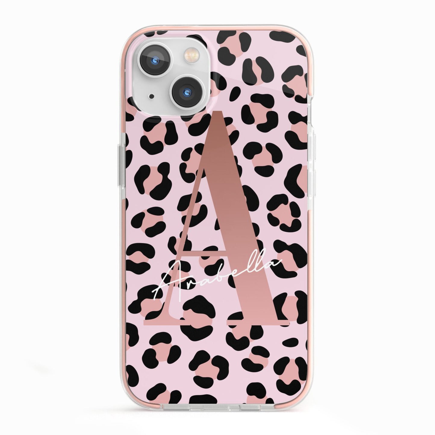 Personalised Leopard Print Initial iPhone 13 TPU Impact Case with Pink Edges