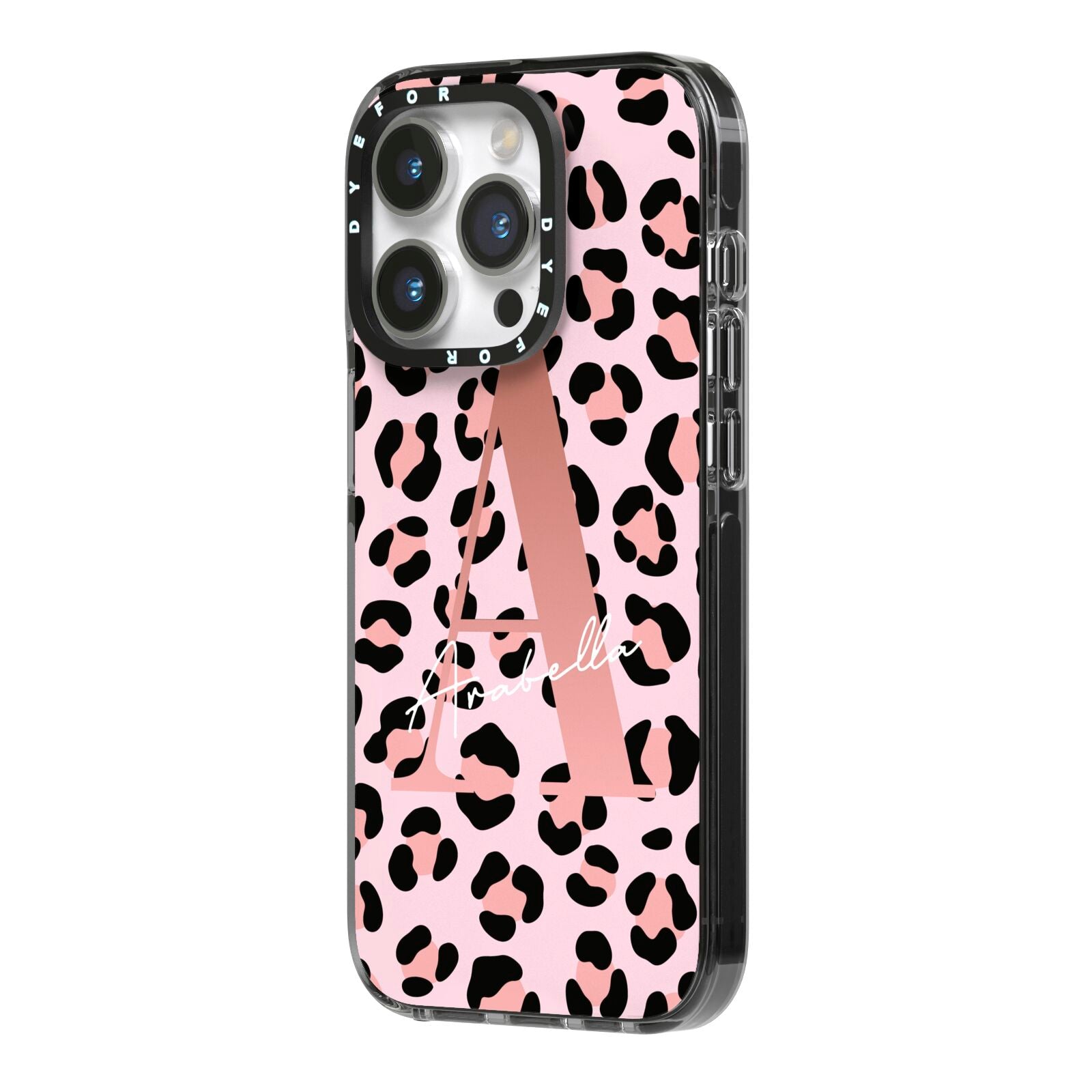 Personalised Leopard Print Initial iPhone 14 Pro Black Impact Case Side Angle on Silver phone