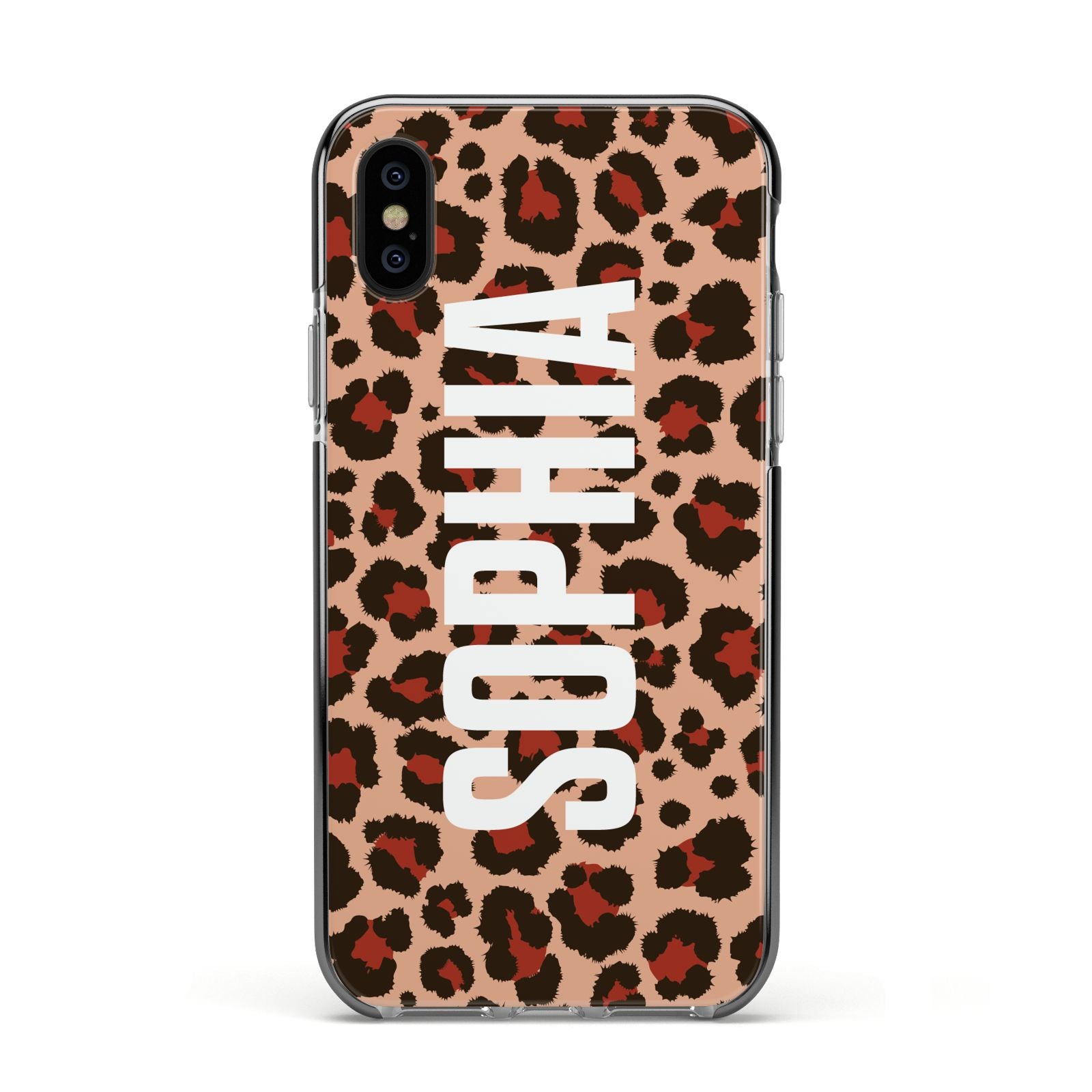 Personalised Leopard Print Name Apple iPhone Xs Impact Case Black Edge on Black Phone