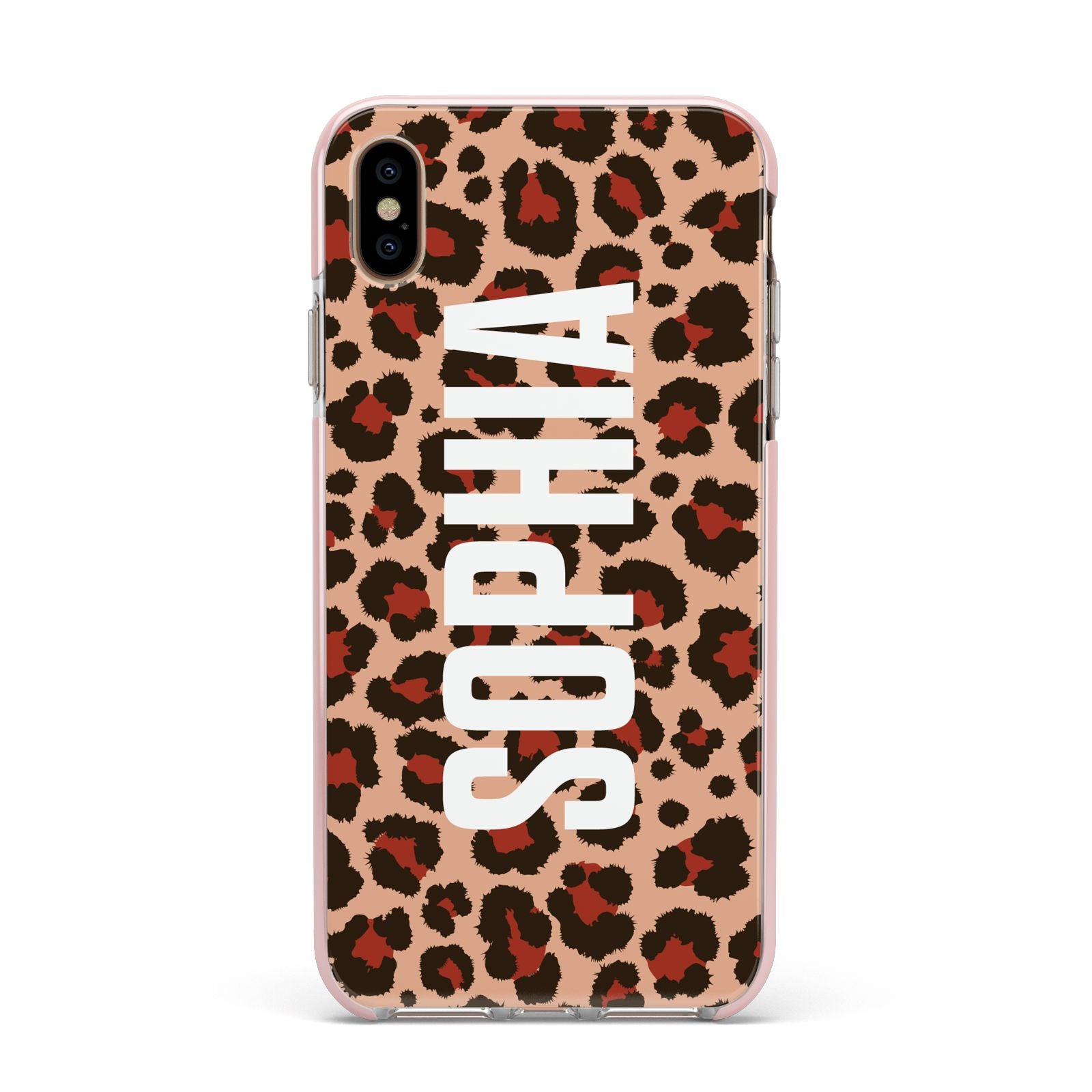 Personalised Leopard Print Name Apple iPhone Xs Max Impact Case Pink Edge on Gold Phone