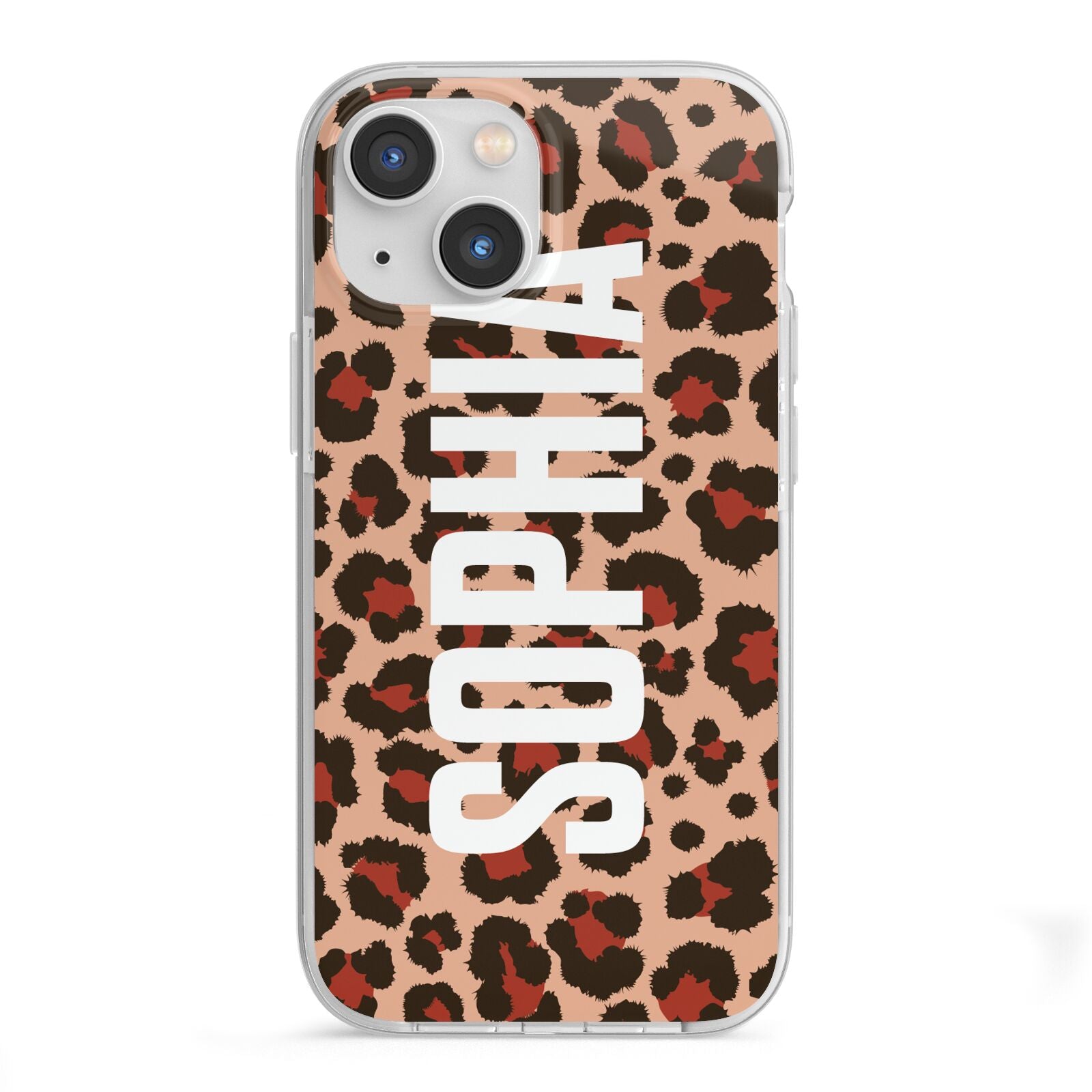 Personalised Leopard Print Name iPhone 13 Mini TPU Impact Case with White Edges