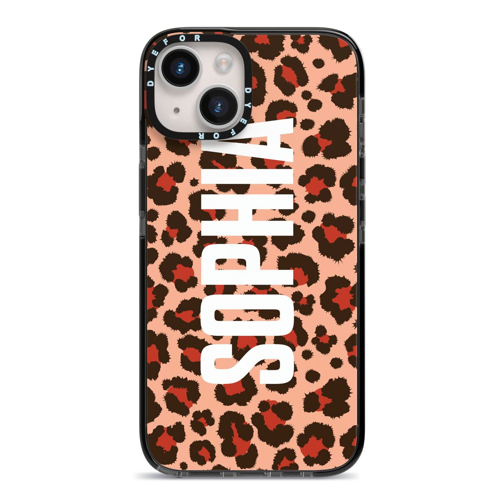 Personalised Leopard Print Name iPhone 14 Black Impact Case on Silver phone