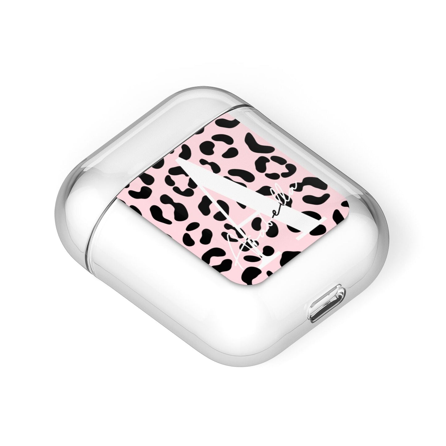 Personalised Leopard Print Pink Black AirPods Case Laid Flat