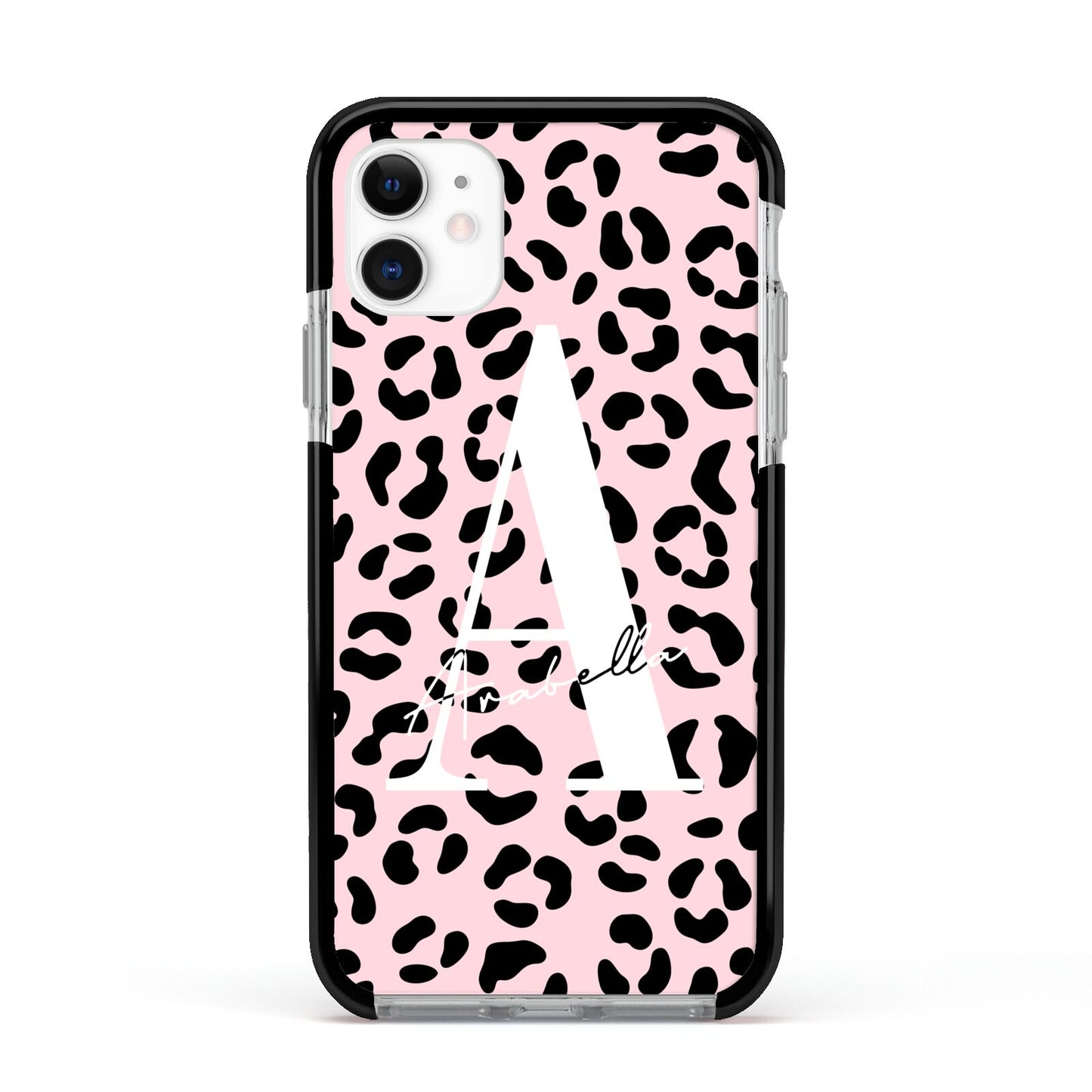 Personalised Leopard Print Pink Black Apple iPhone 11 in White with Black Impact Case