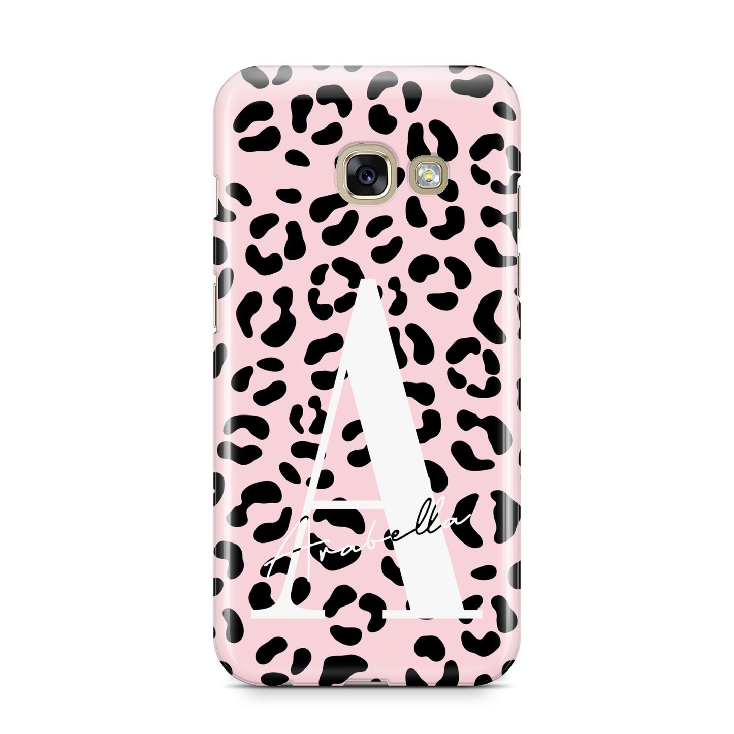 Personalised Leopard Print Pink Black Samsung Galaxy A3 2017 Case on gold phone