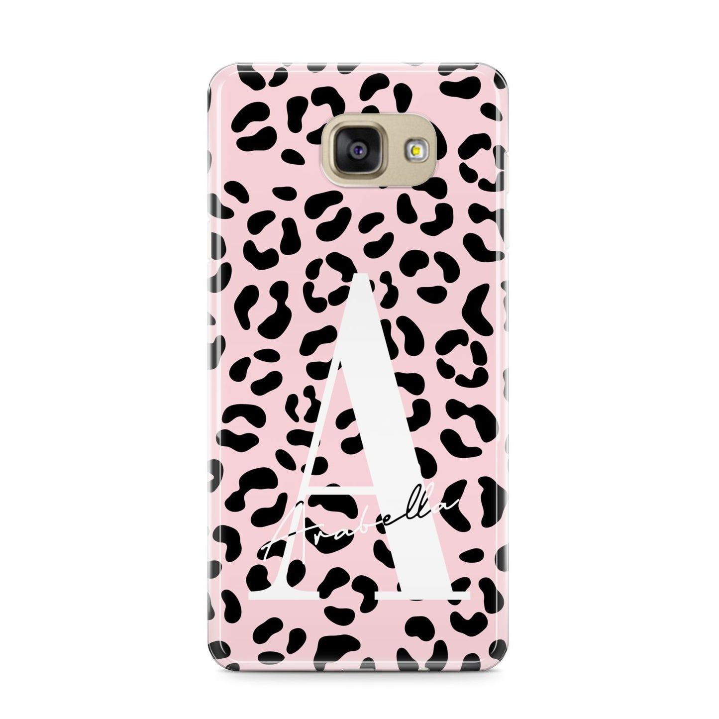 Personalised Leopard Print Pink Black Samsung Galaxy A9 2016 Case on gold phone