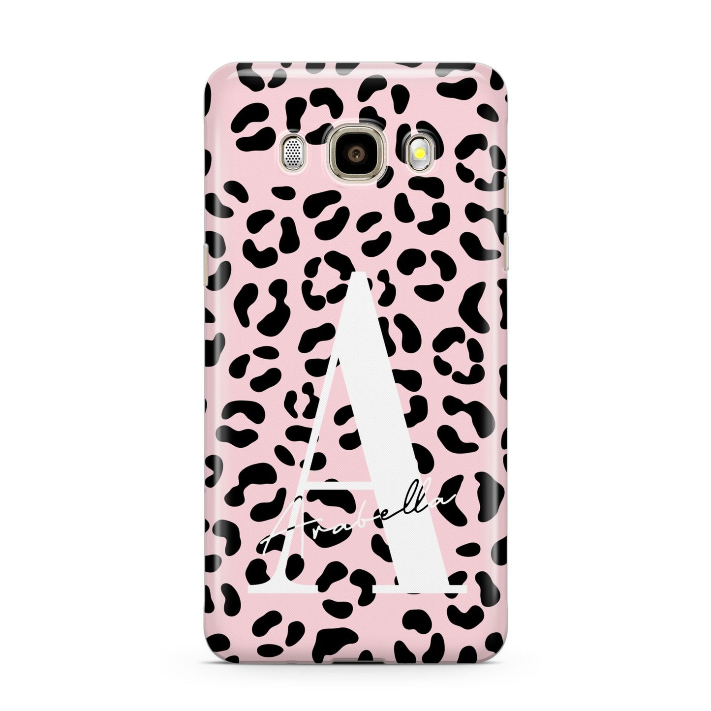 Personalised Leopard Print Pink Black Samsung Galaxy J7 2016 Case on gold phone