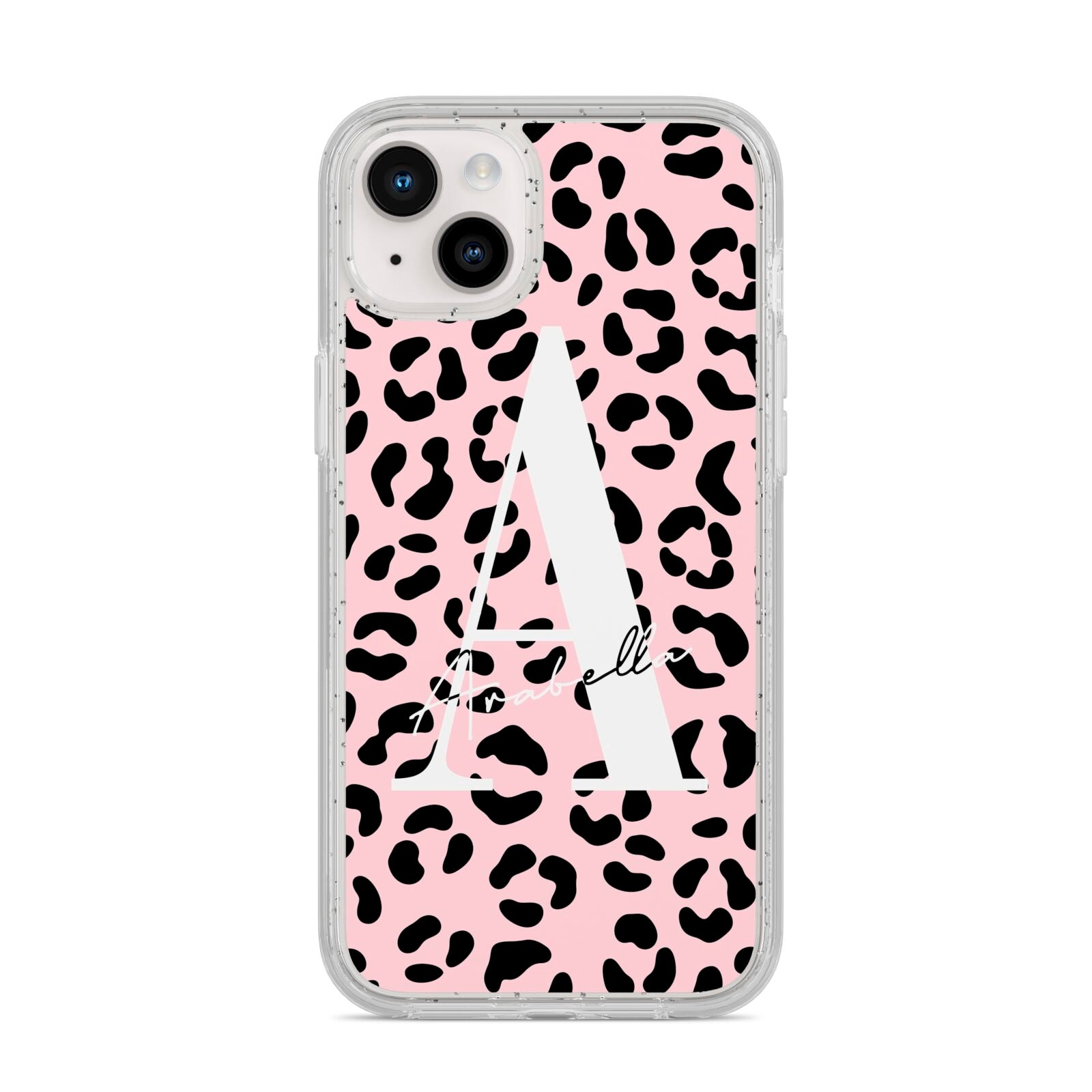 Personalised Leopard Print Pink Black iPhone 14 Plus Glitter Tough Case Starlight