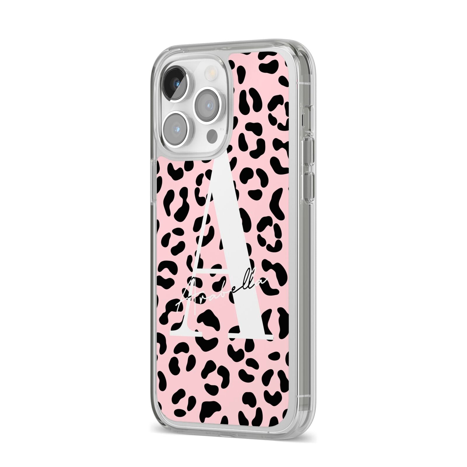 Personalised Leopard Print Pink Black iPhone 14 Pro Max Clear Tough Case Silver Angled Image