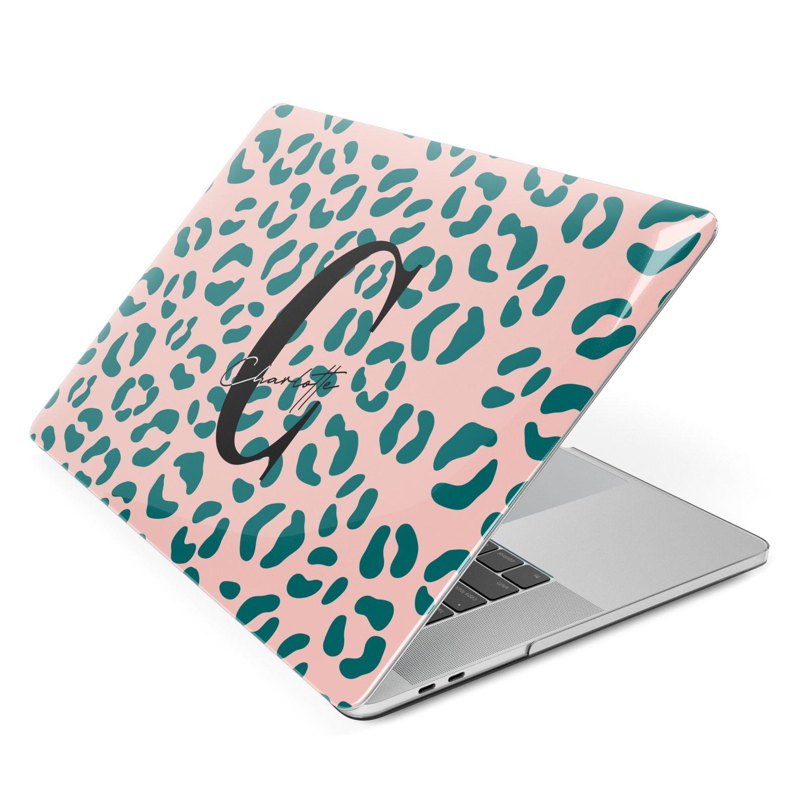 Personalised Leopard Print Pink Green Apple MacBook Case Side View