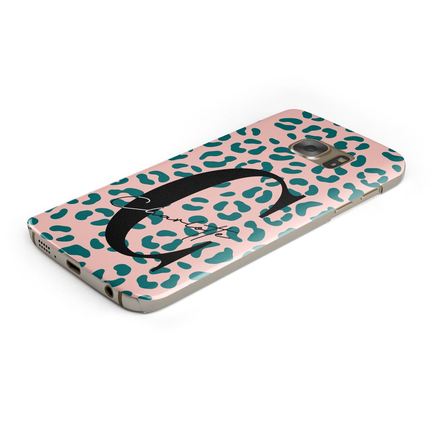 Personalised Leopard Print Pink Green Protective Samsung Galaxy Case Angled Image