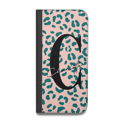 Personalised Leopard Print Pink Green Vegan Leather Flip iPhone Case