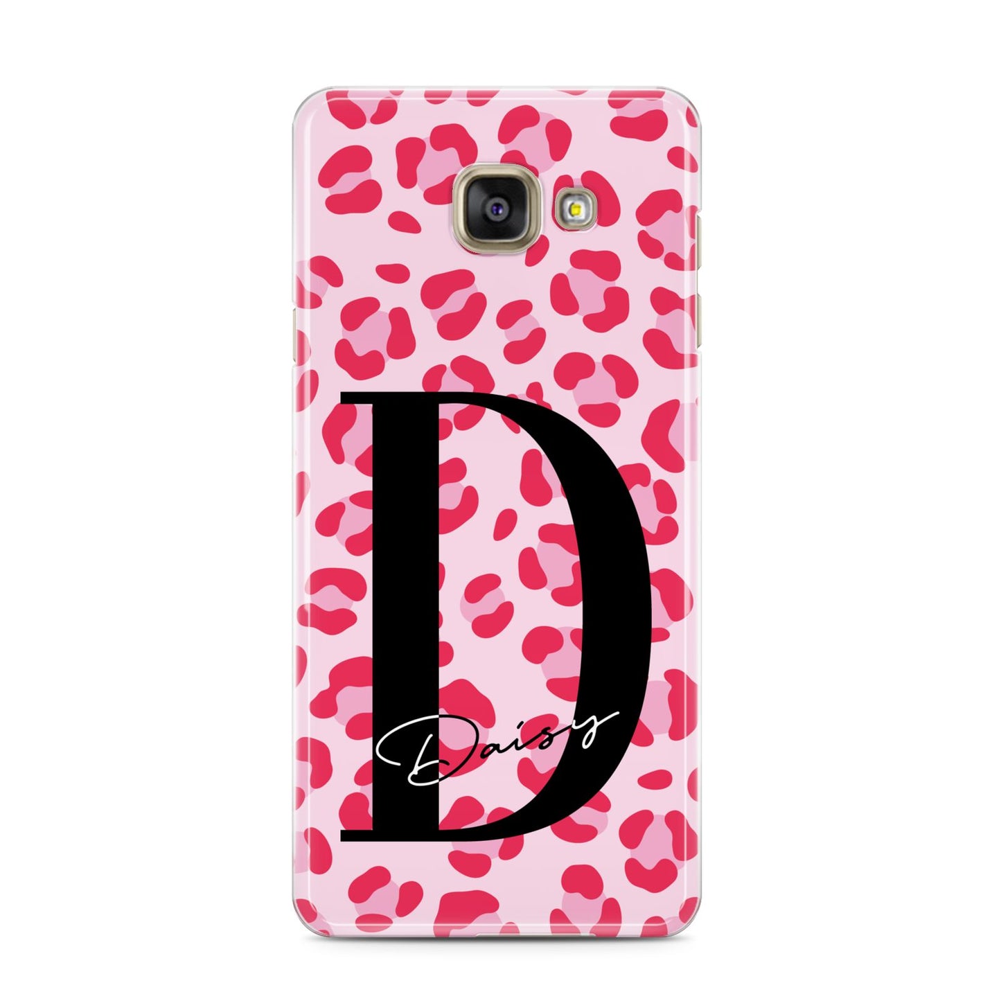 Personalised Leopard Print Pink Red Samsung Galaxy A3 2016 Case on gold phone