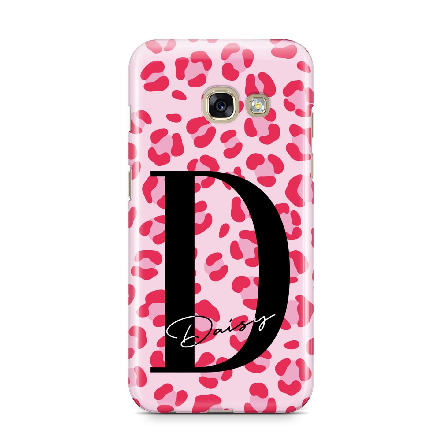 Personalised Leopard Print Pink Red Samsung Galaxy A3 2017 Case on gold phone