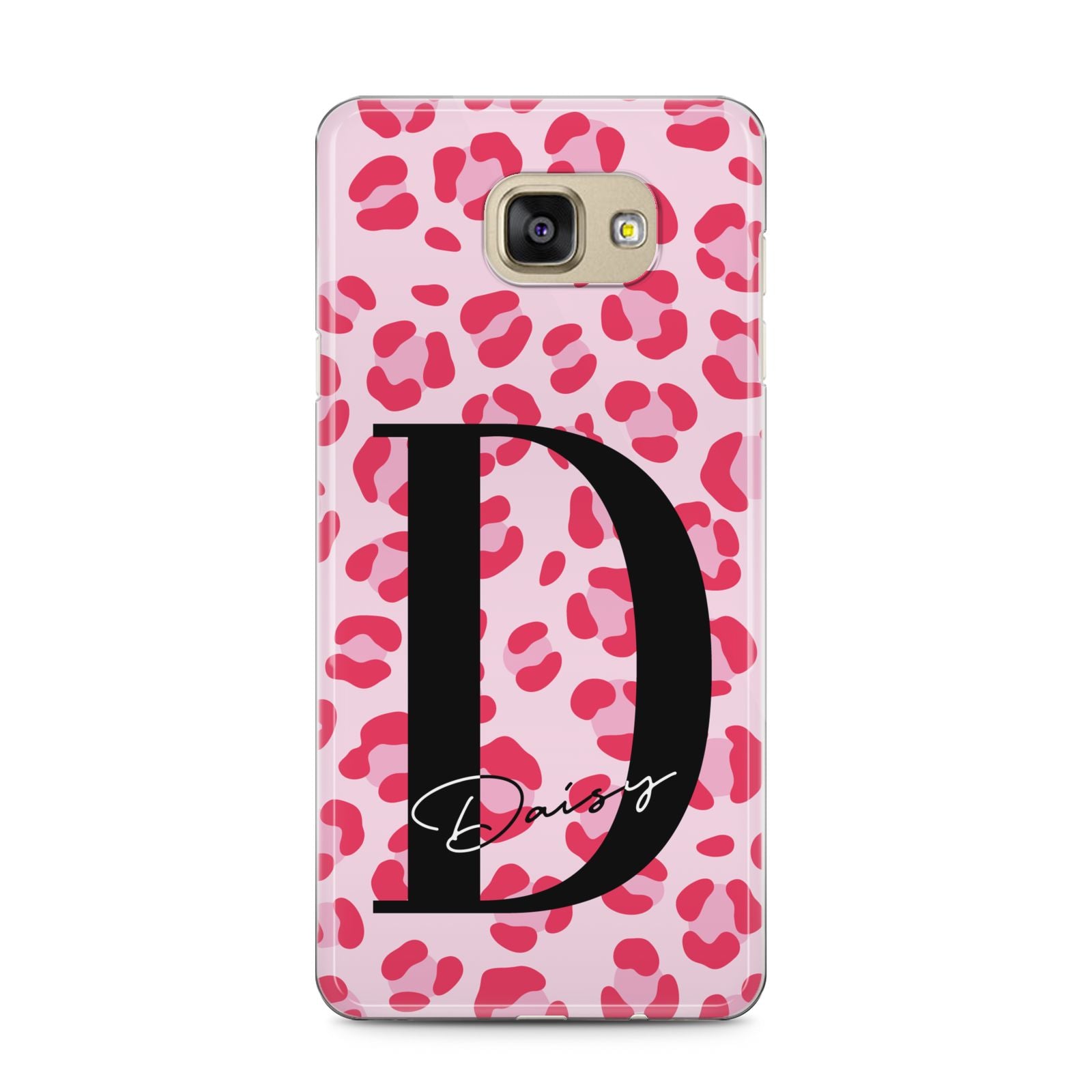 Personalised Leopard Print Pink Red Samsung Galaxy A5 2016 Case on gold phone