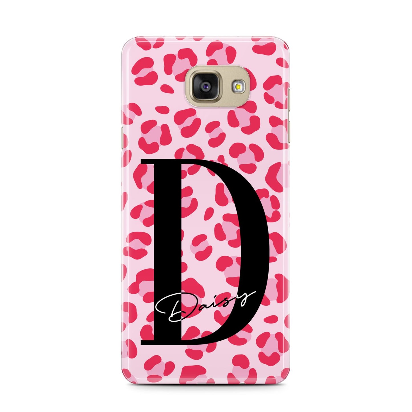 Personalised Leopard Print Pink Red Samsung Galaxy A7 2016 Case on gold phone