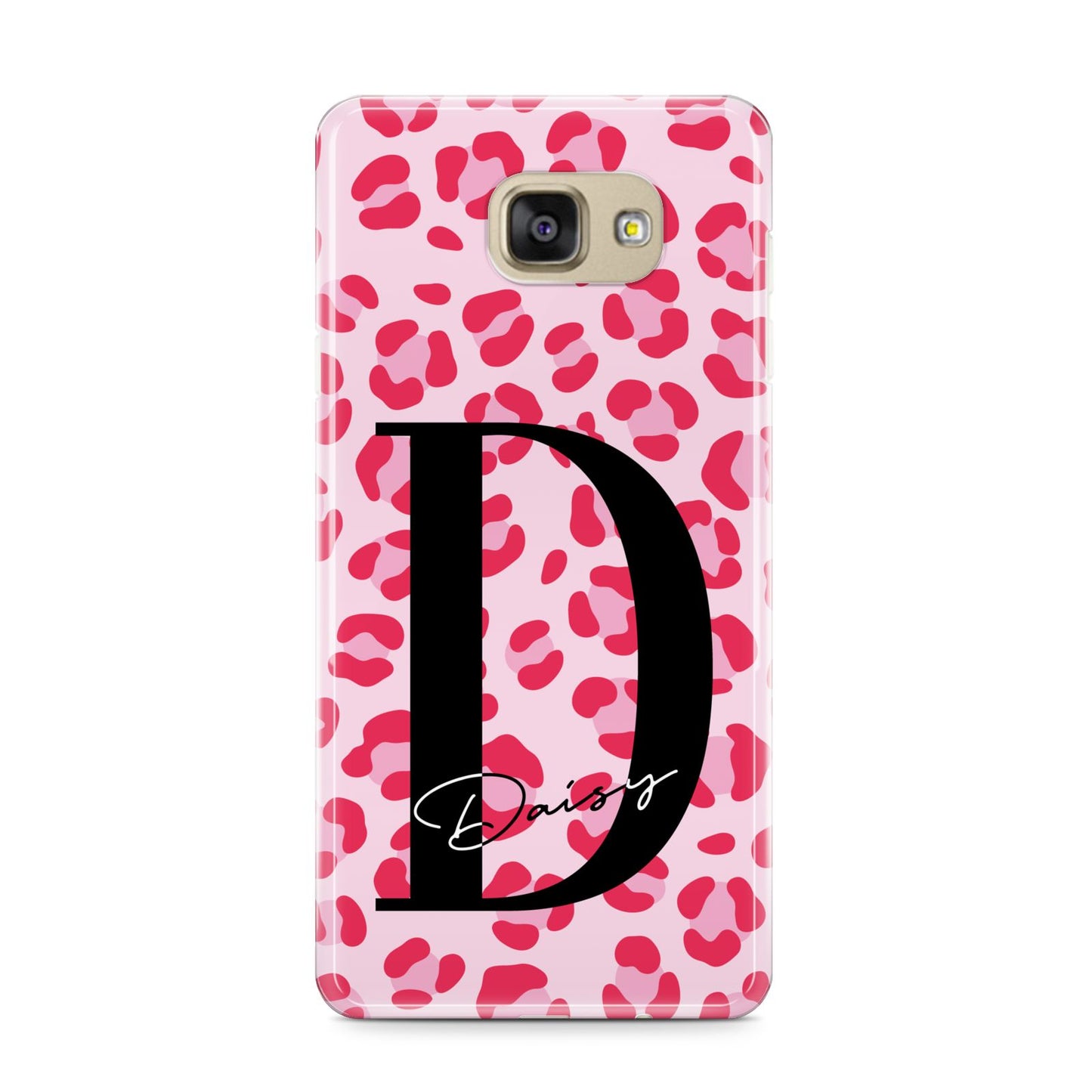 Personalised Leopard Print Pink Red Samsung Galaxy A9 2016 Case on gold phone